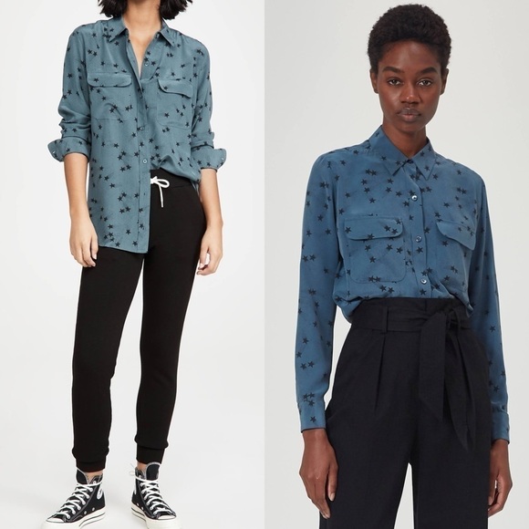 EQUIPMENT FEMME Teal Silk Star Print Long Sleeve Button Up Signature Blouse M - Picture 3 of 16